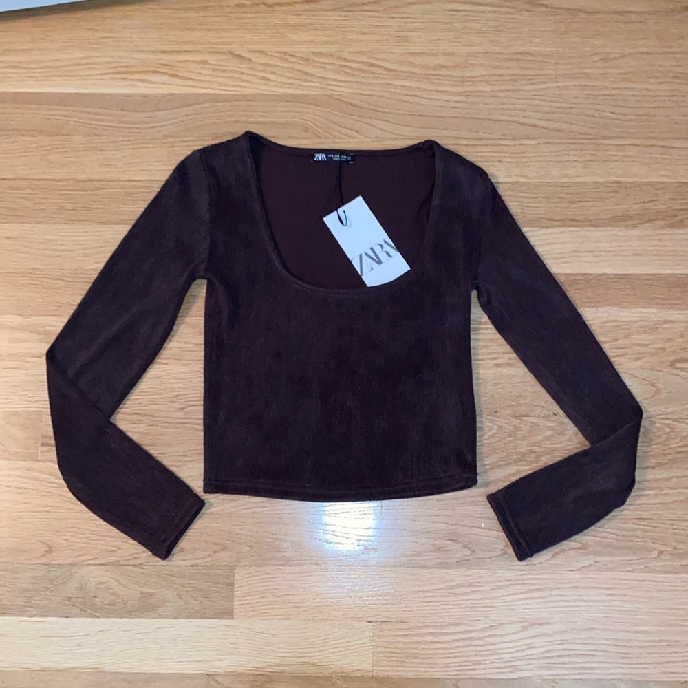 NEW Zara Long Sleeve Square Neck Top Brown